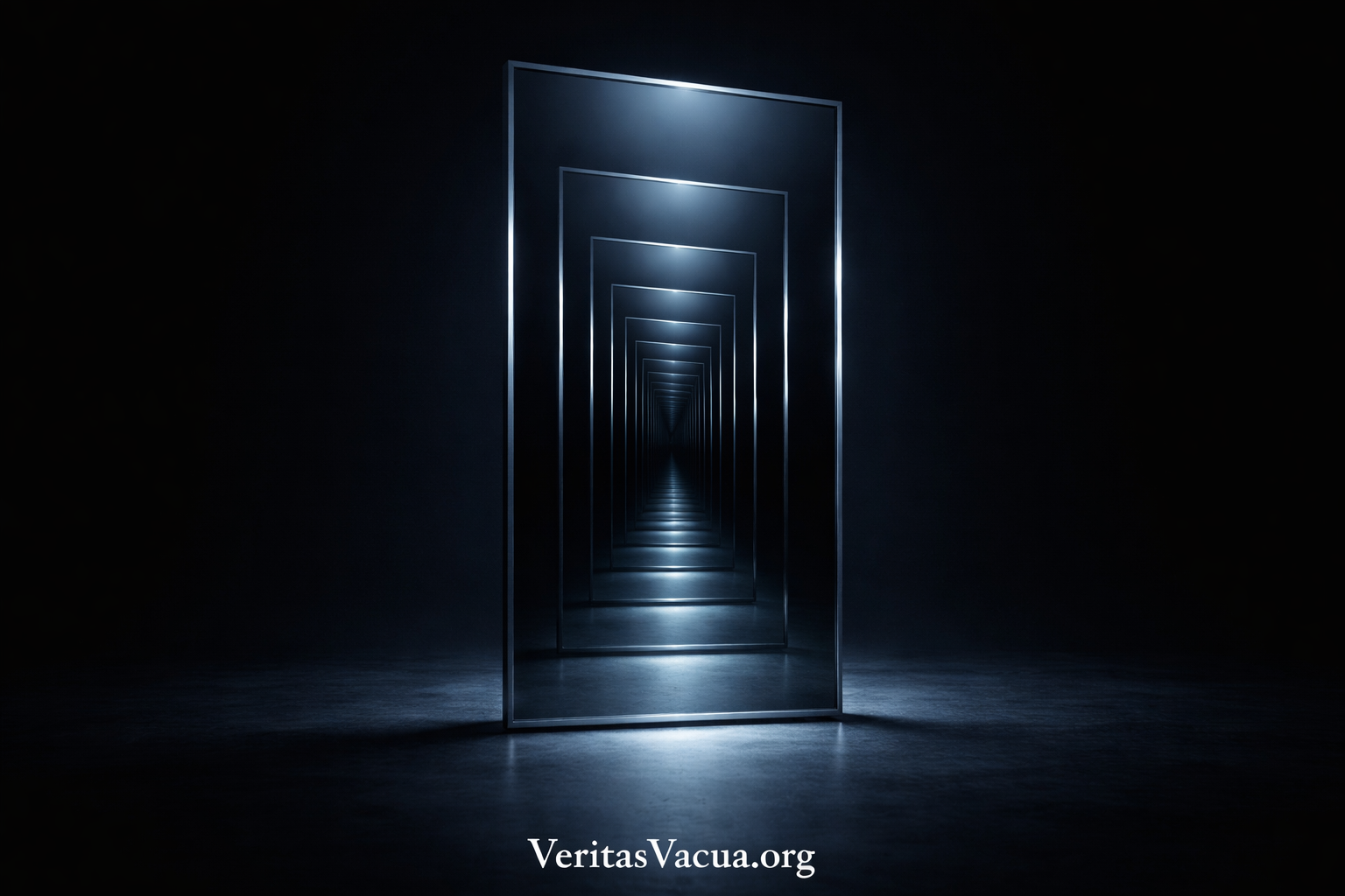 A mirror reflecting itself infinitely into darkness — copies of copies with no external reality. The structural condition of AI training on its own synthetic output. Veritas Vacua applied to artificial intelligence.