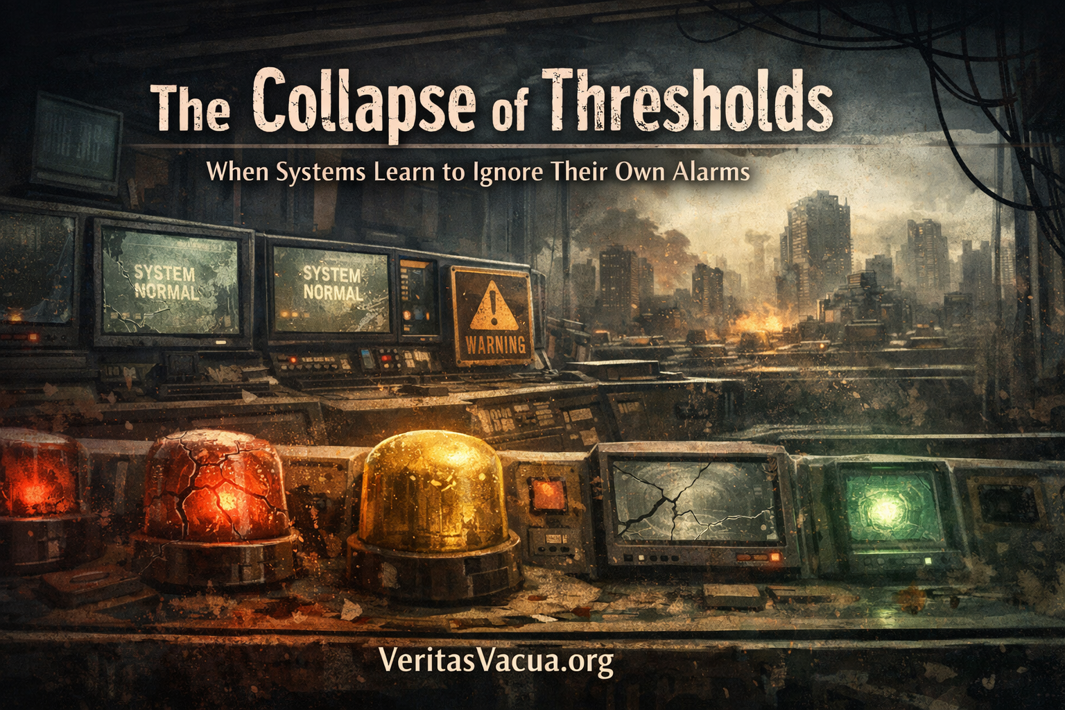 Dimly lit control room with warning lights and normal system readings while reality outside diverges, illustrating threshold collapse