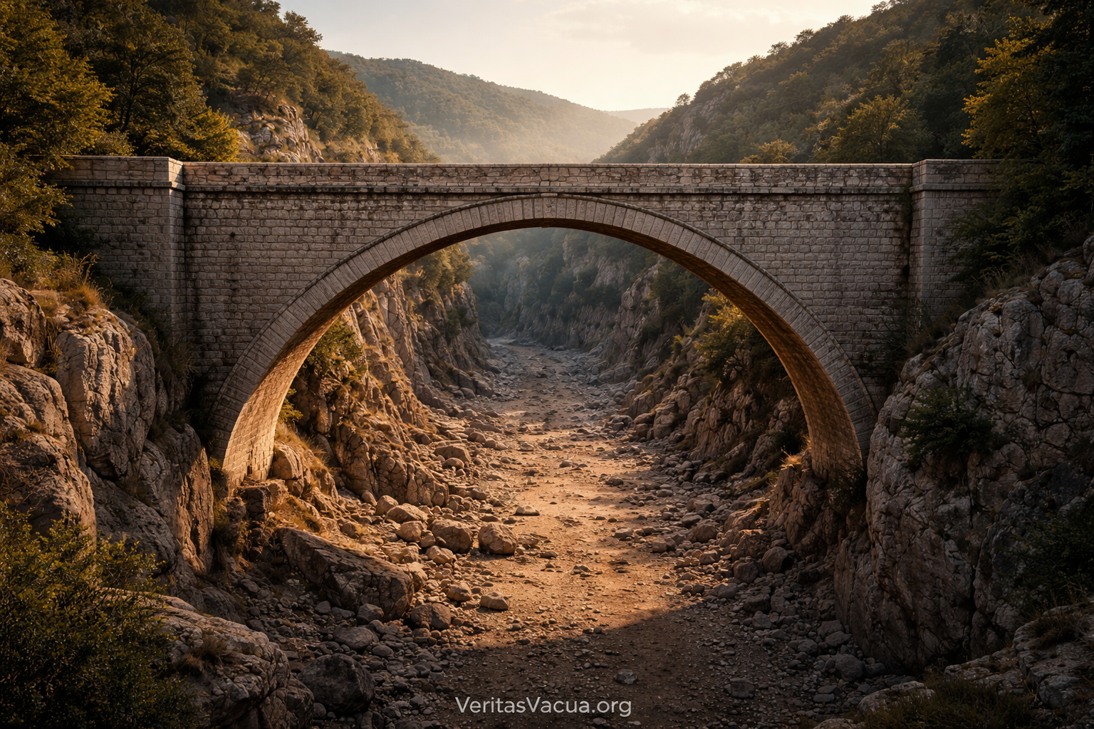 Ancient stone bridge standing intact over a completely dry riverbed, symbolizing the end of evidence and structural collapse of provenance