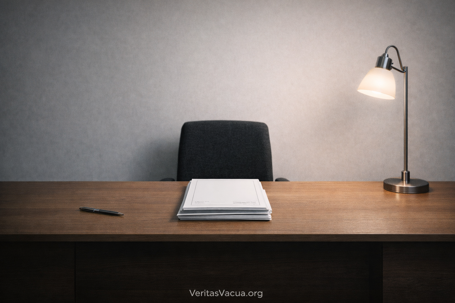 Perfectly organized office desk with official documents that are completely blank, symbolizing functional collapse and the Illusion of Stability