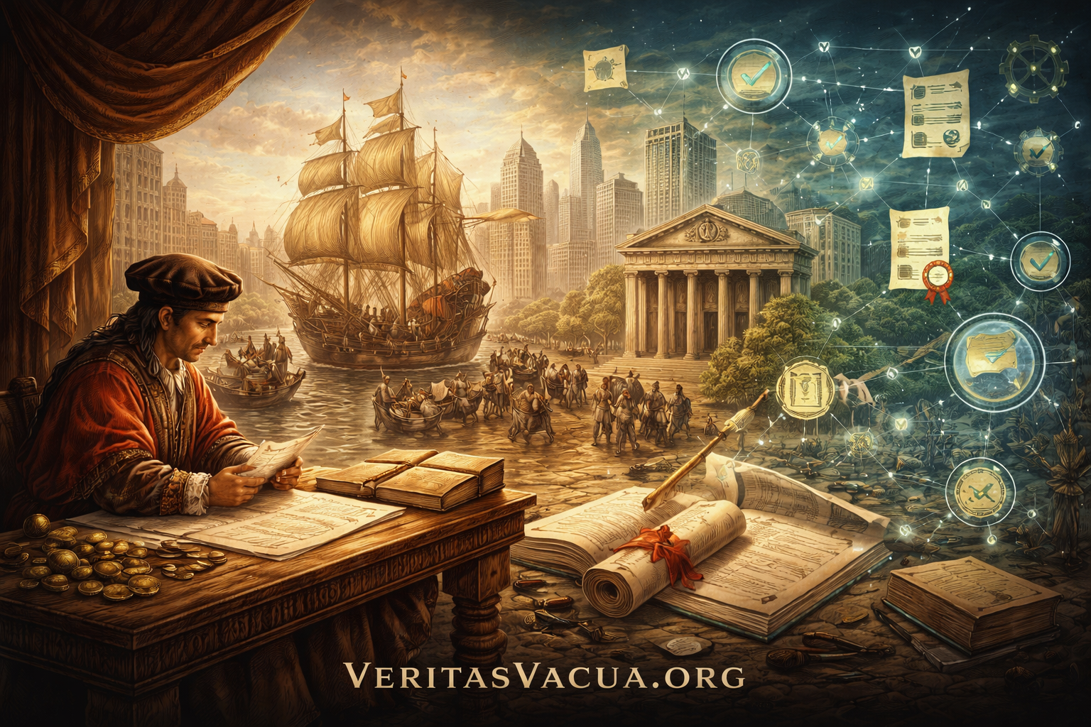 Illustration of the industrialization of trust, from a Venetian merchant verifying a letter to modern institutional certification networks symbolizing Veritas Vacua.