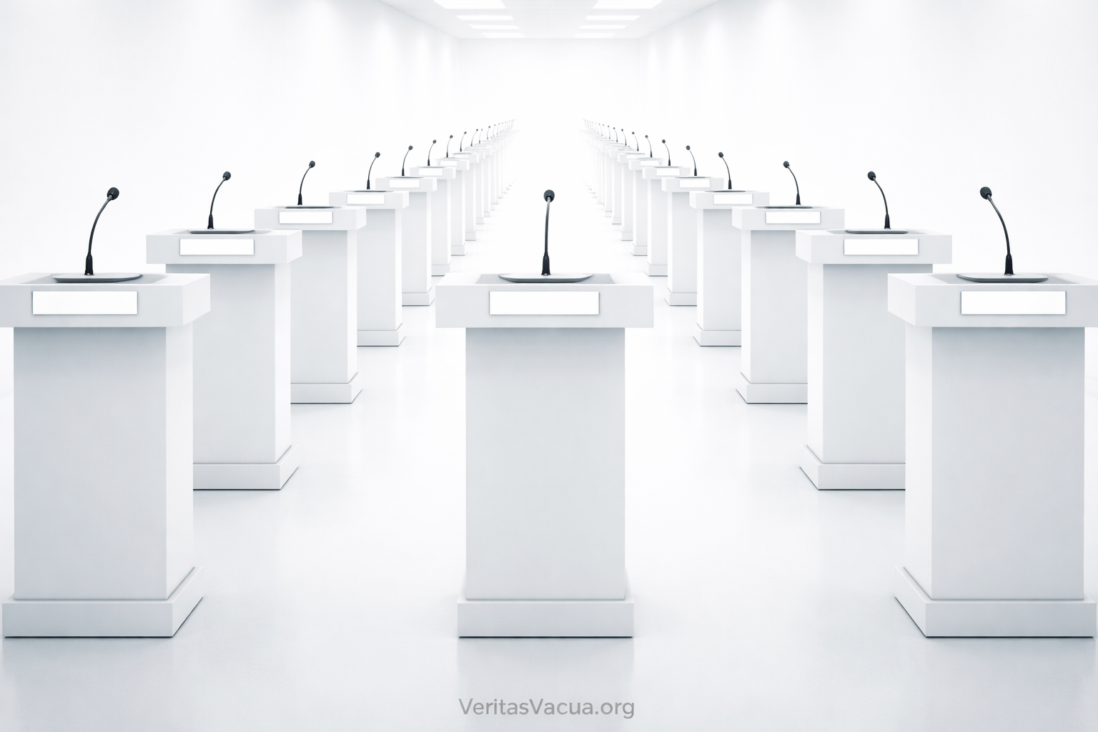 Row of identical podiums with blank nameplates and microphones in a white clinical room, symbolizing the Post-Expert Era and indistinguishable expertise