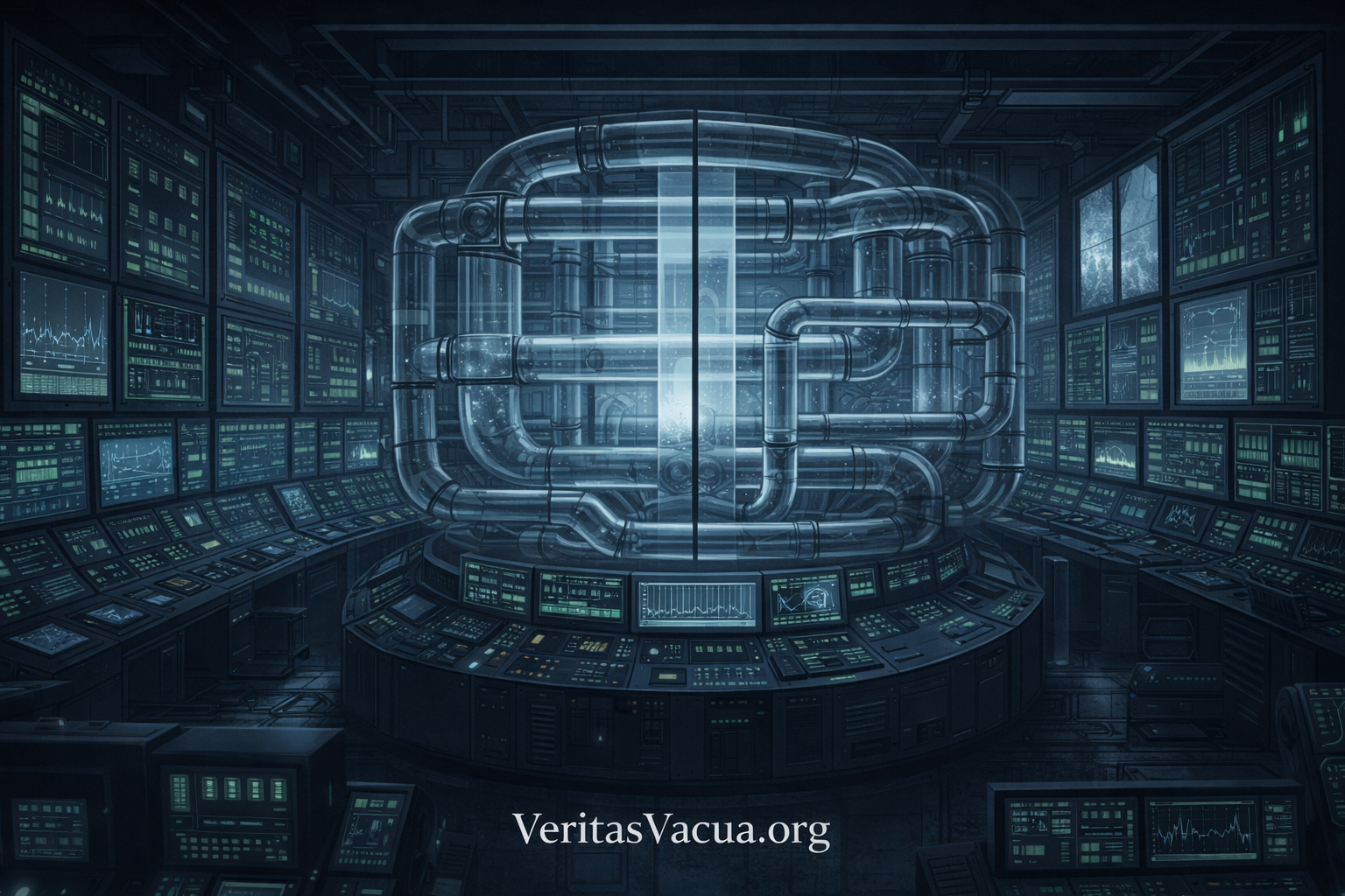 Control room with perfect green metrics and a self-contained glass feedback loop, disconnected from reality outside