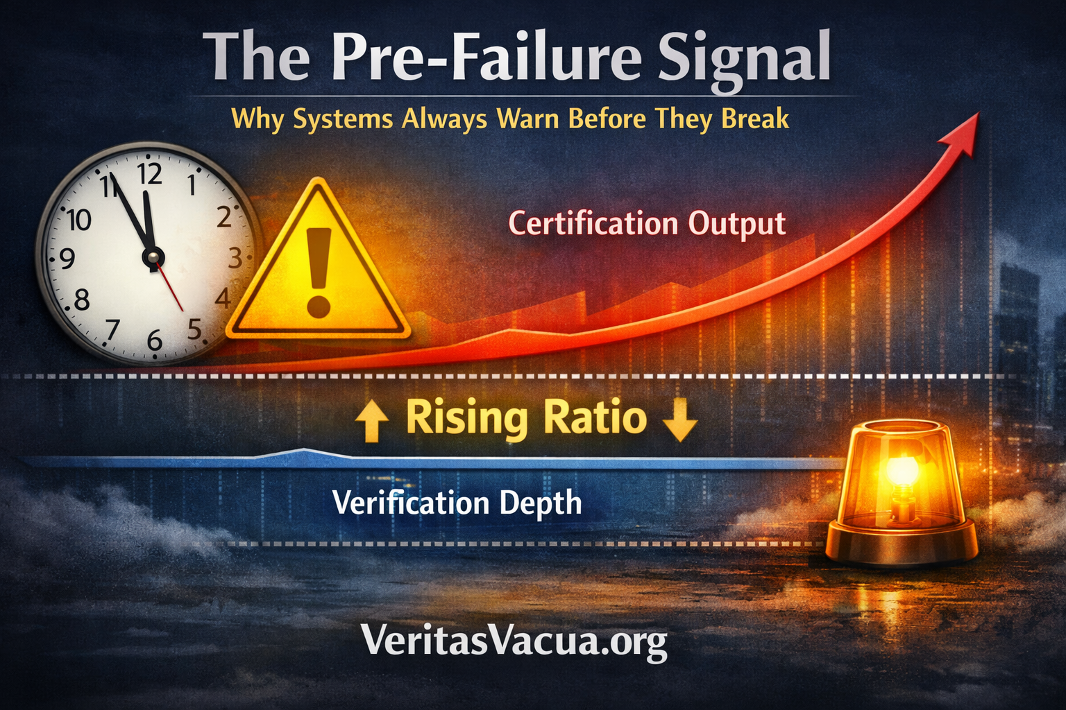 Graphic illustration of the pre-failure signal where certification output increases while verification depth declines over time.