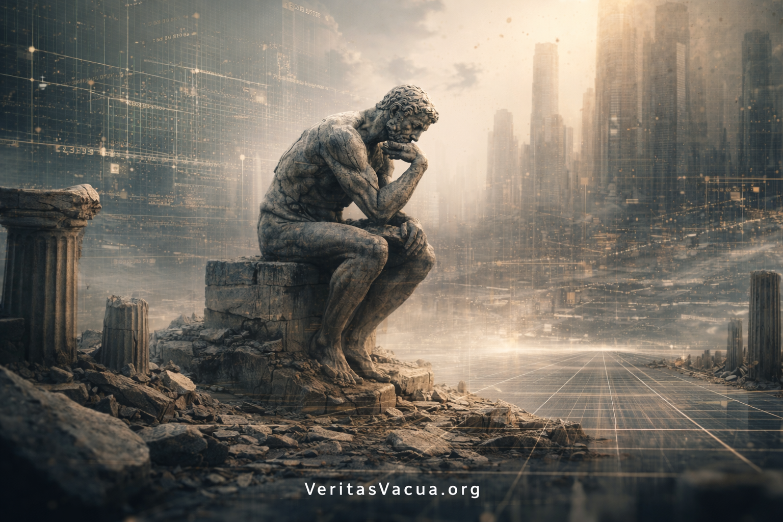 Ancient stone thinking figure on classical ruins overlooking a modern digital city skyline representing the Cartesian template and Veritas Vacua