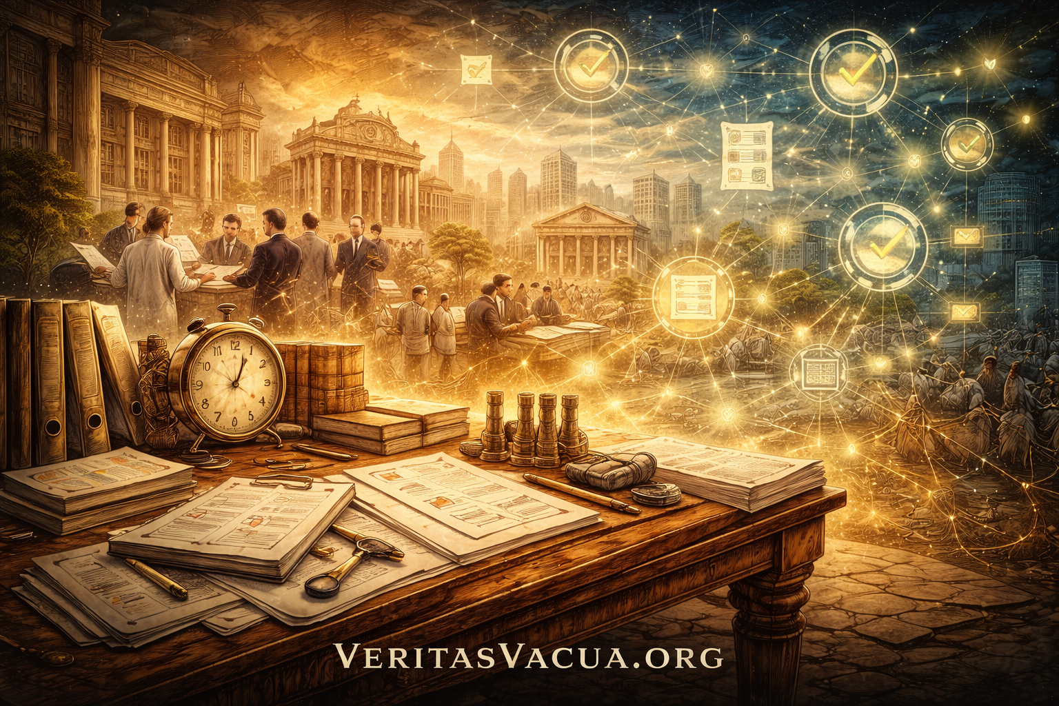 Allegorical illustration of institutional procedures and measurement systems replacing underlying reality, symbolizing Veritas Vacua.