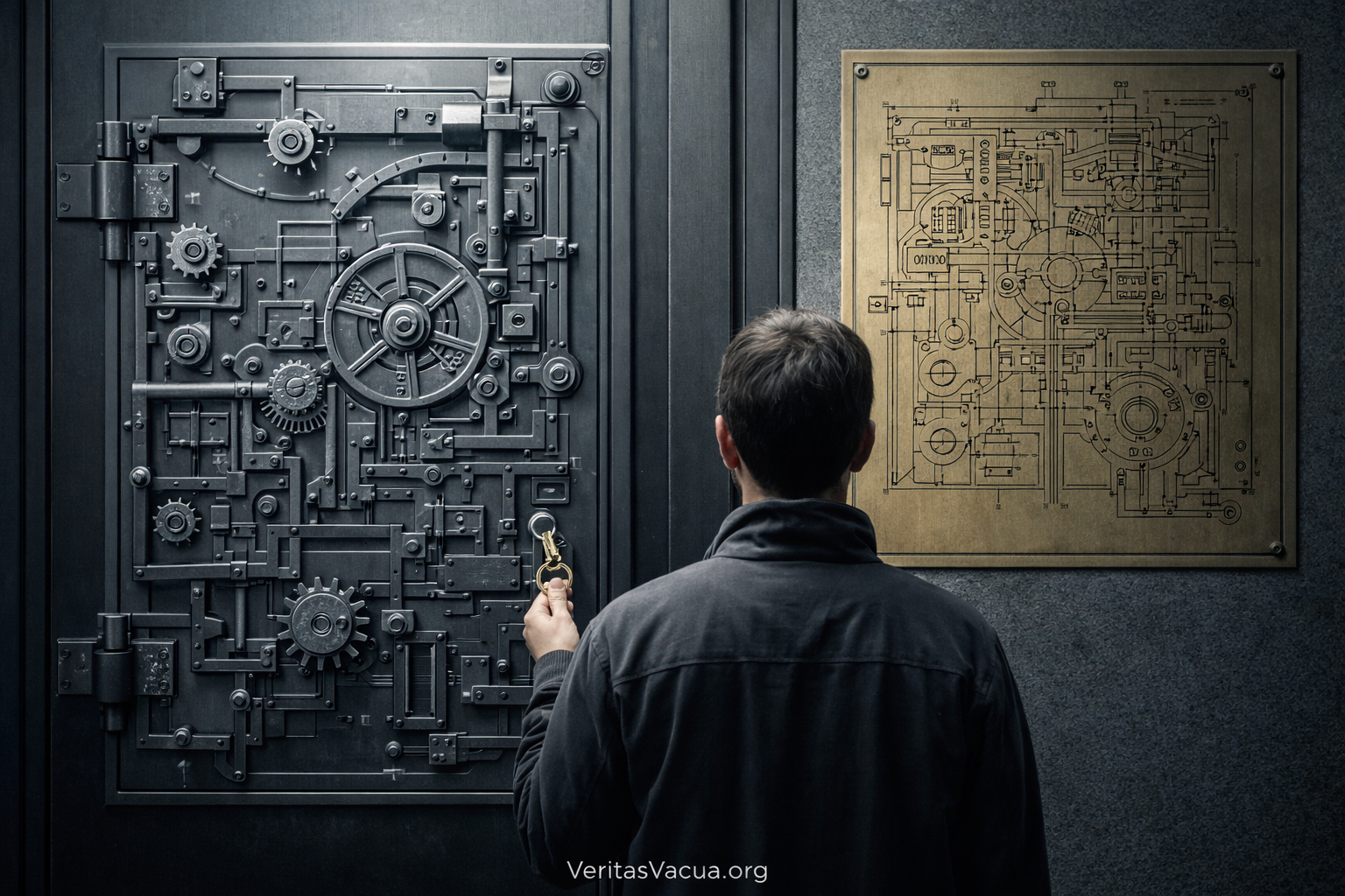 Complex security lock with full blueprint displayed beside it, illustrating the Verification Paradox and how stricter controls create better fabrication maps