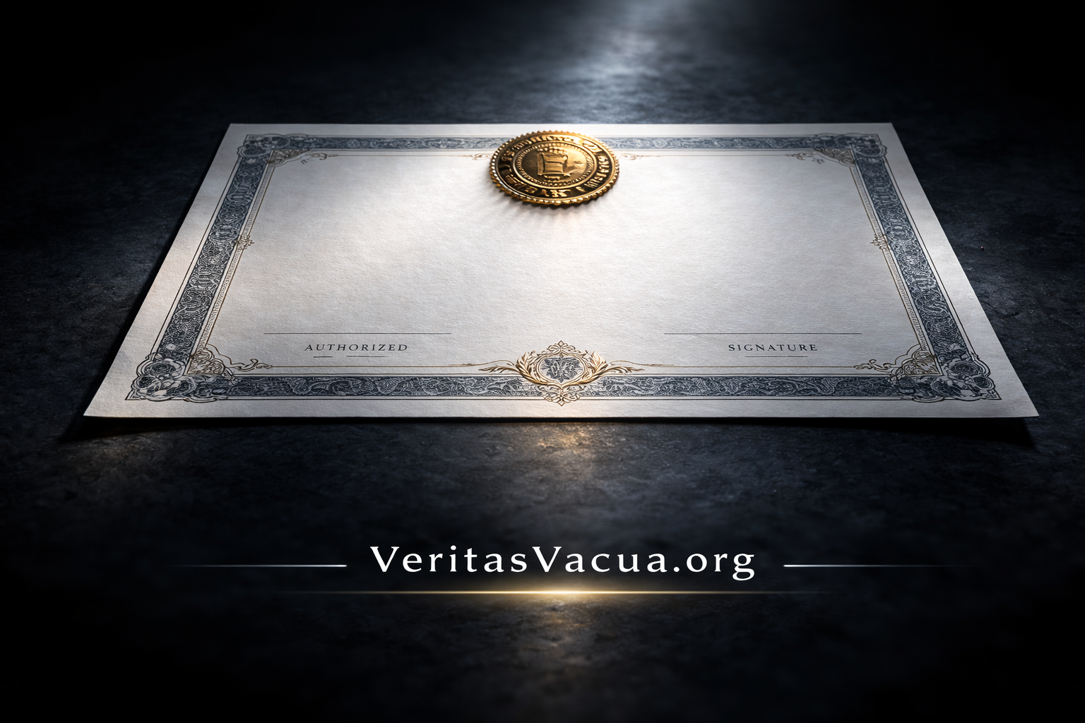 A pristine official certificate with gold seal, authorized and signature lines — completely blank. No name, no content. The form of certification without substance. Veritas Vacua.