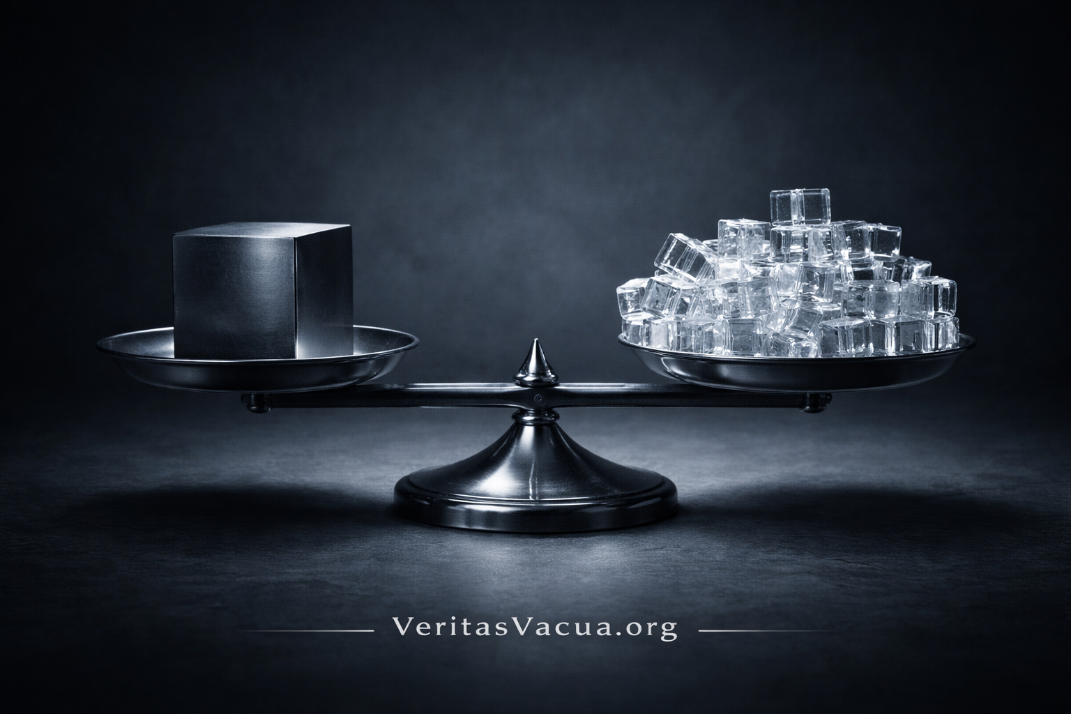 A precision scale: one solid steel cube outweighed by a pile of hollow transparent cubes. One unit of verification depth against infinite fabricated signals. The structural asymmetry of Veritas Vacua.