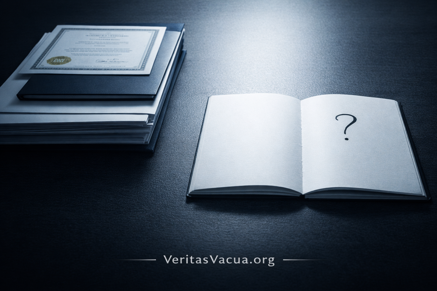A stack of official certified documents with gold seal on the left. An open notebook with a single handwritten question mark on the right. The questions that certification can no longer answer. Veritas Vacua FAQ.