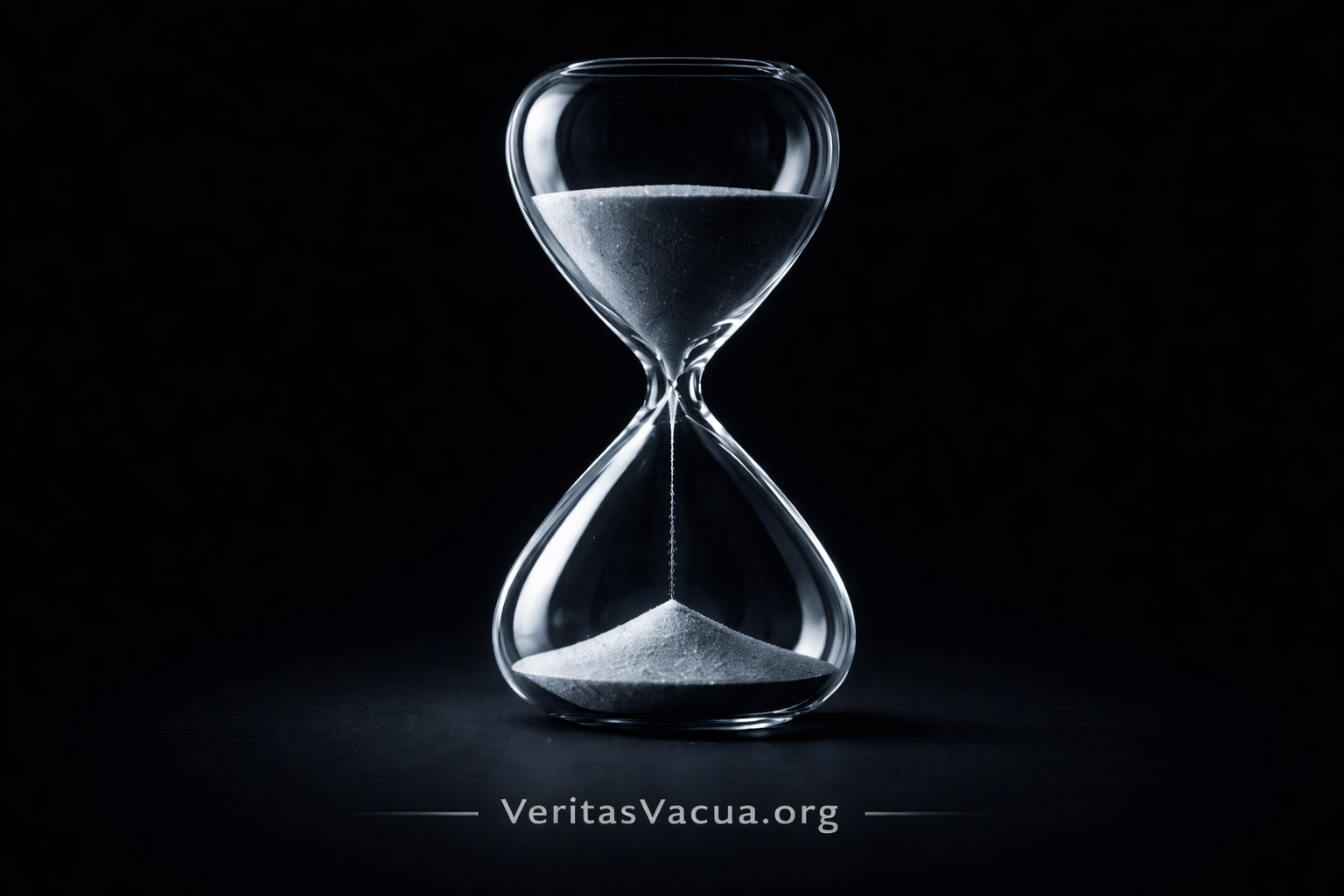 An hourglass against pure black — sand flowing through a narrow passage. Duration cannot be fabricated. Time is the only scarce verifier. Veritas Vacua Manifesto.