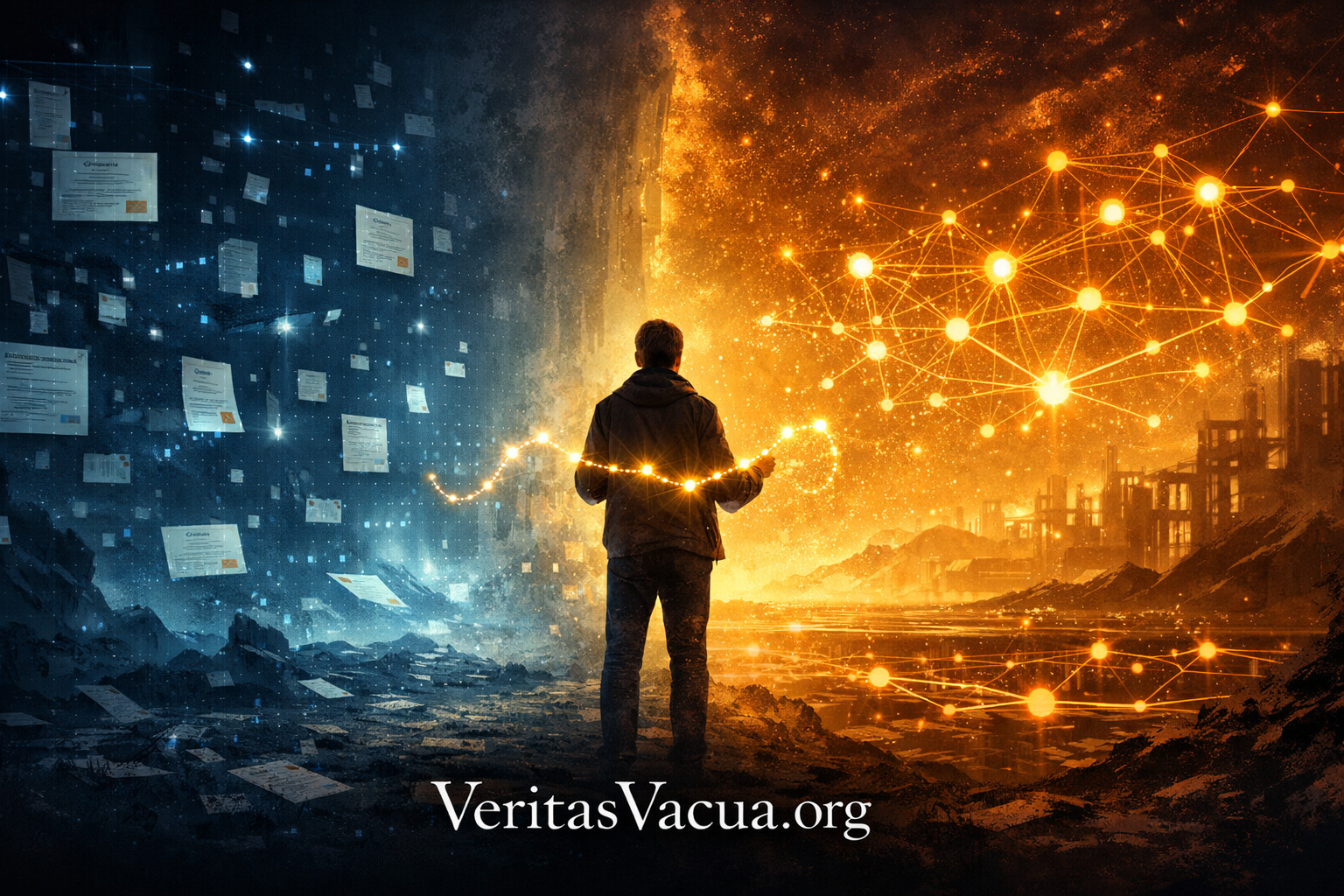 Cinematic illustration of fragmented digital credentials transitioning into a connected semantic network of verified contributions over time.