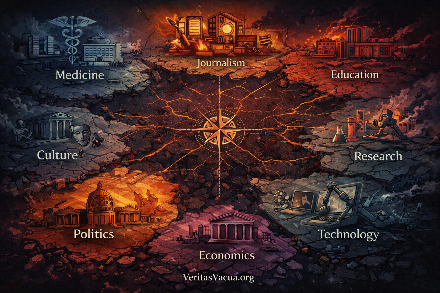 Eight societal domains connected by subtle fracture lines converging into a central compass rose, symbolizing shared structural crisis