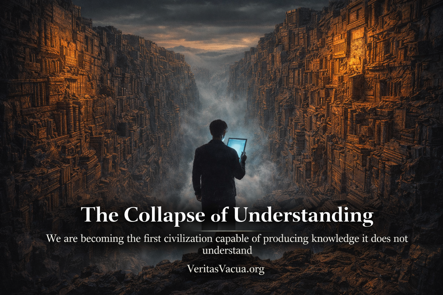Person standing between towering walls of carved knowledge while looking at a glowing screen symbolizing the collapse of human understanding in the AI era