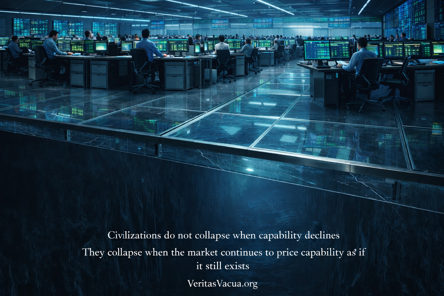 Financial trading floor above a transparent glass foundation with a void beneath symbolizing the competence bubble in modern institutions