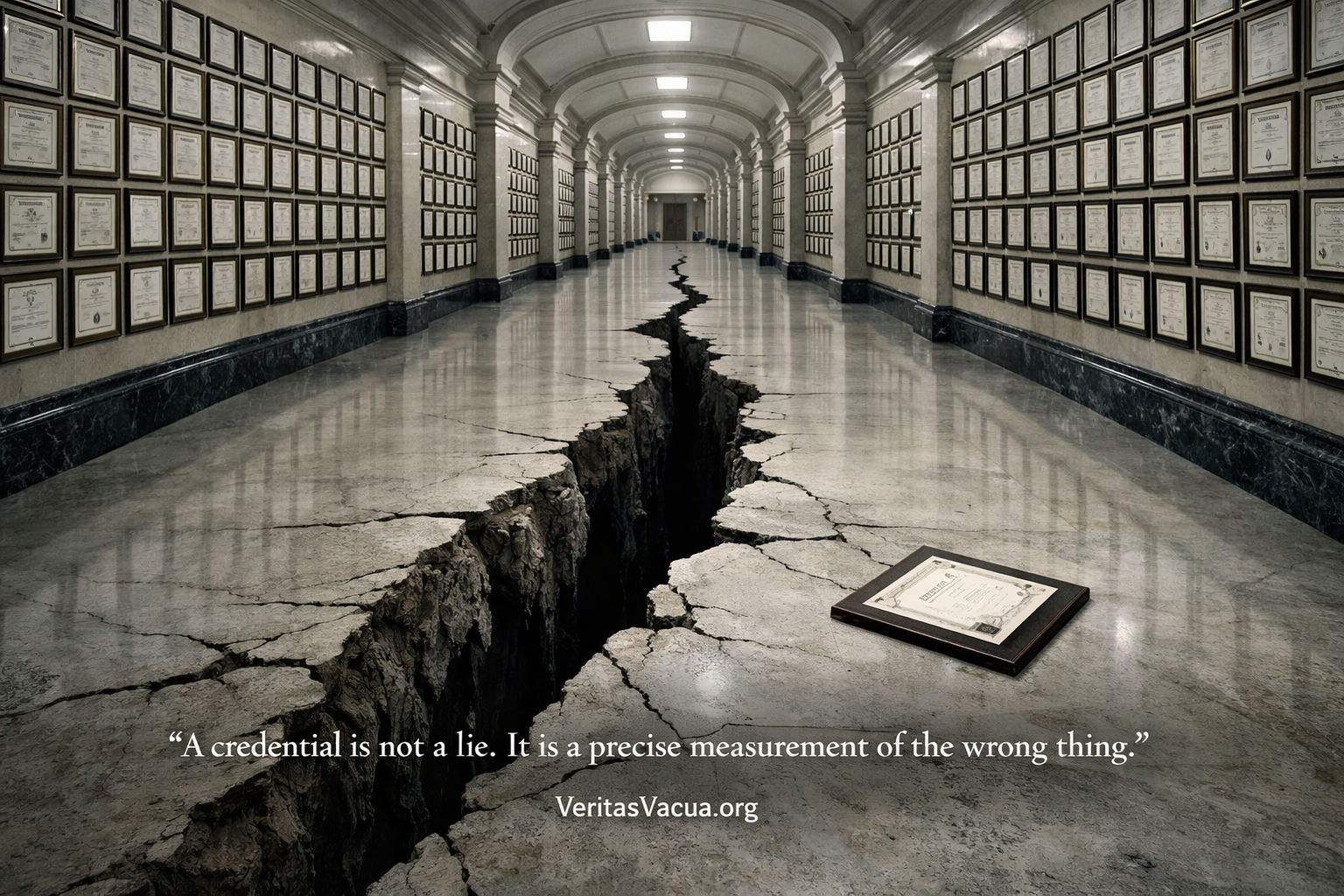 Grand university hall filled with framed diplomas and certificates while a large crack in the marble floor reveals an empty foundation beneath