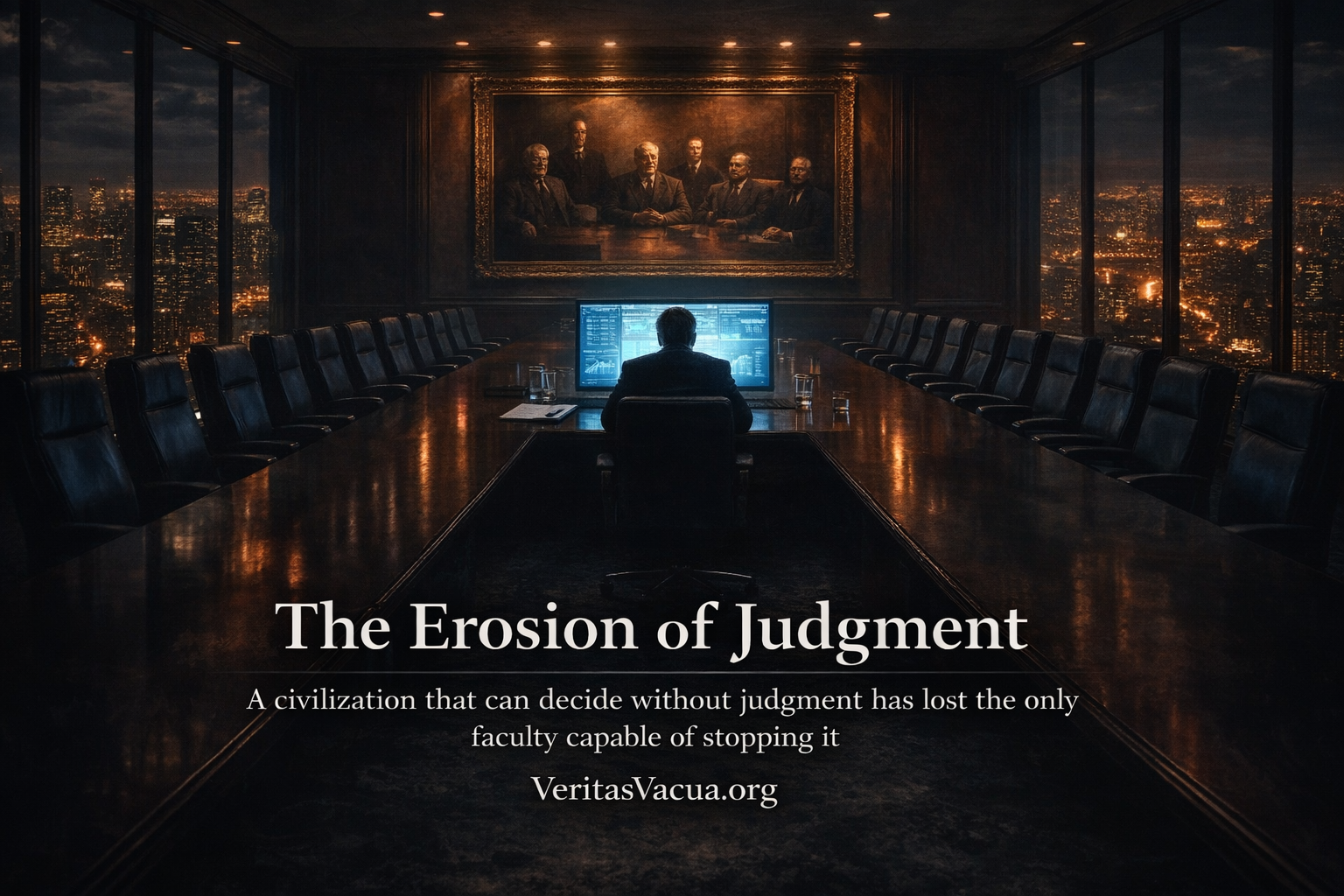 A lone executive sitting at the head of a dark boardroom table facing a glowing AI decision screen while portraits of past leaders hang behind
