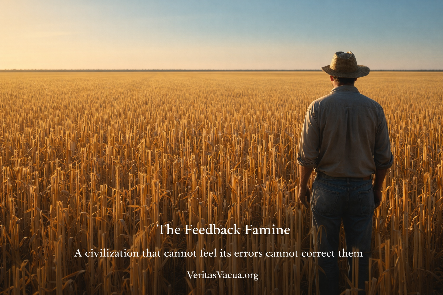 Vast wheat field with hollow stalks and no grain symbolizing the feedback famine where systems appear productive but lack real learning