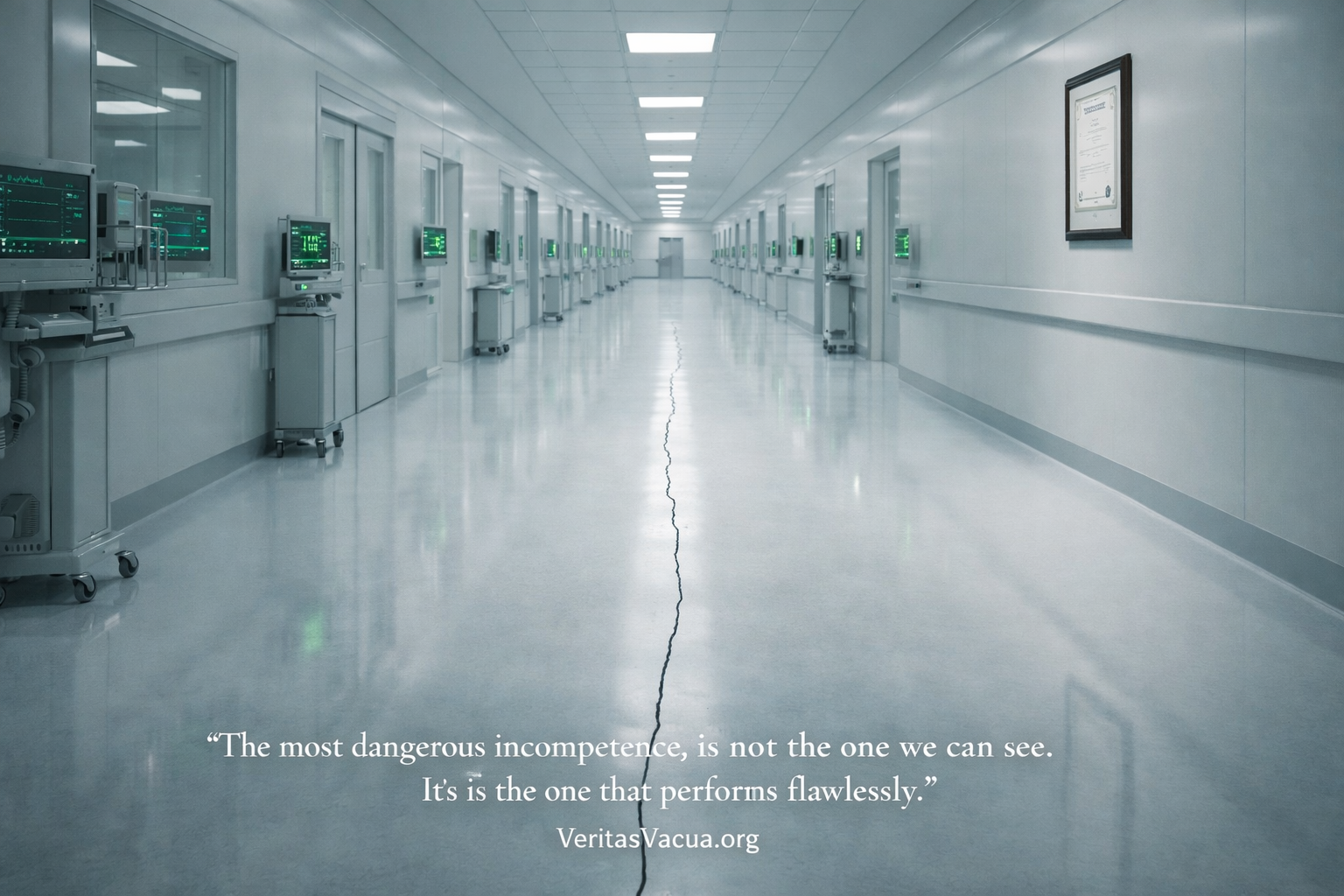 Pristine modern hospital corridor with green status monitors and a barely visible crack running through the floor symbolizing invisible incompetence