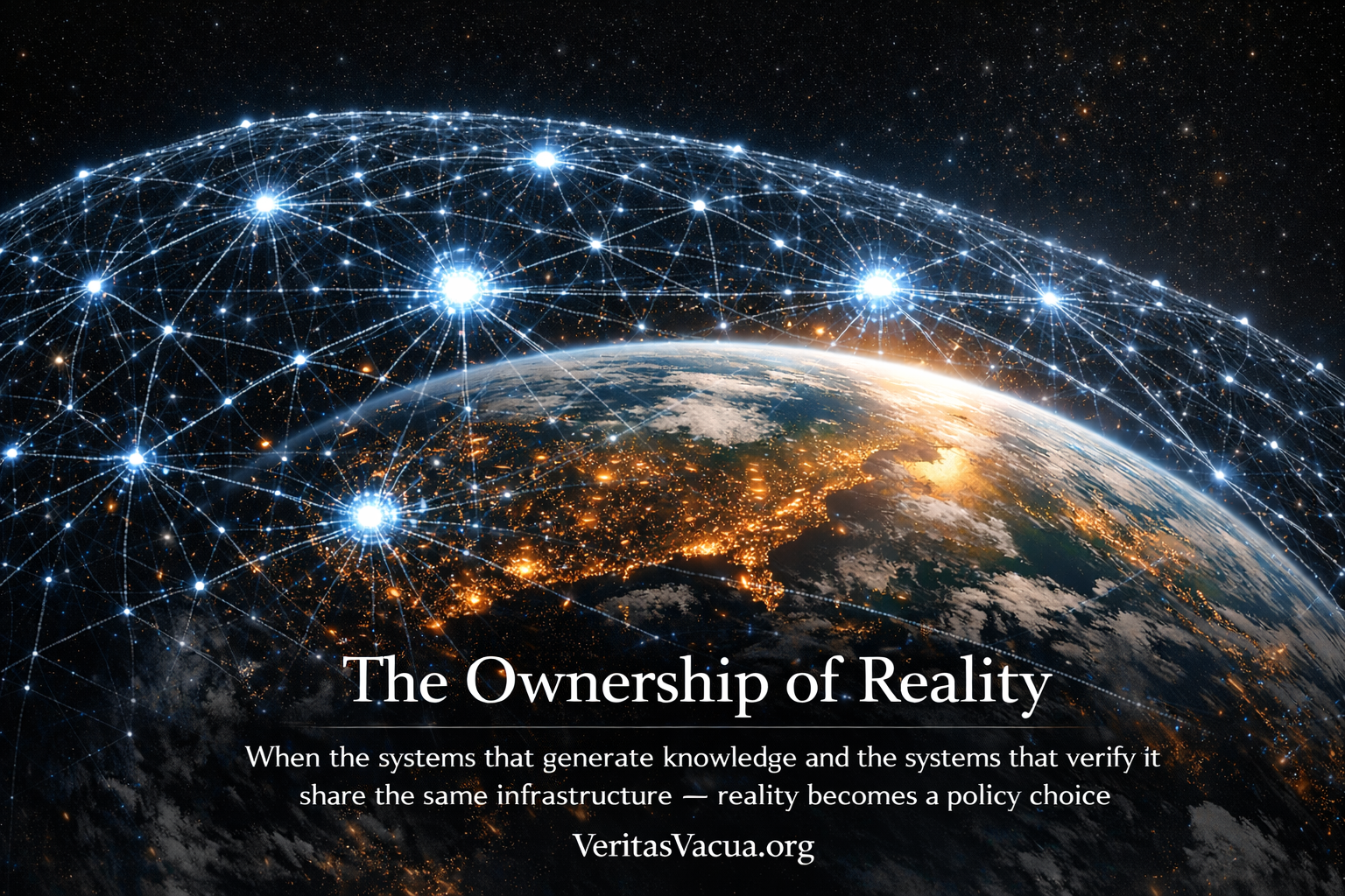 Earth seen from orbit surrounded by a vast AI network of interconnected nodes converging on central hubs illustrating the Ownership of Reality