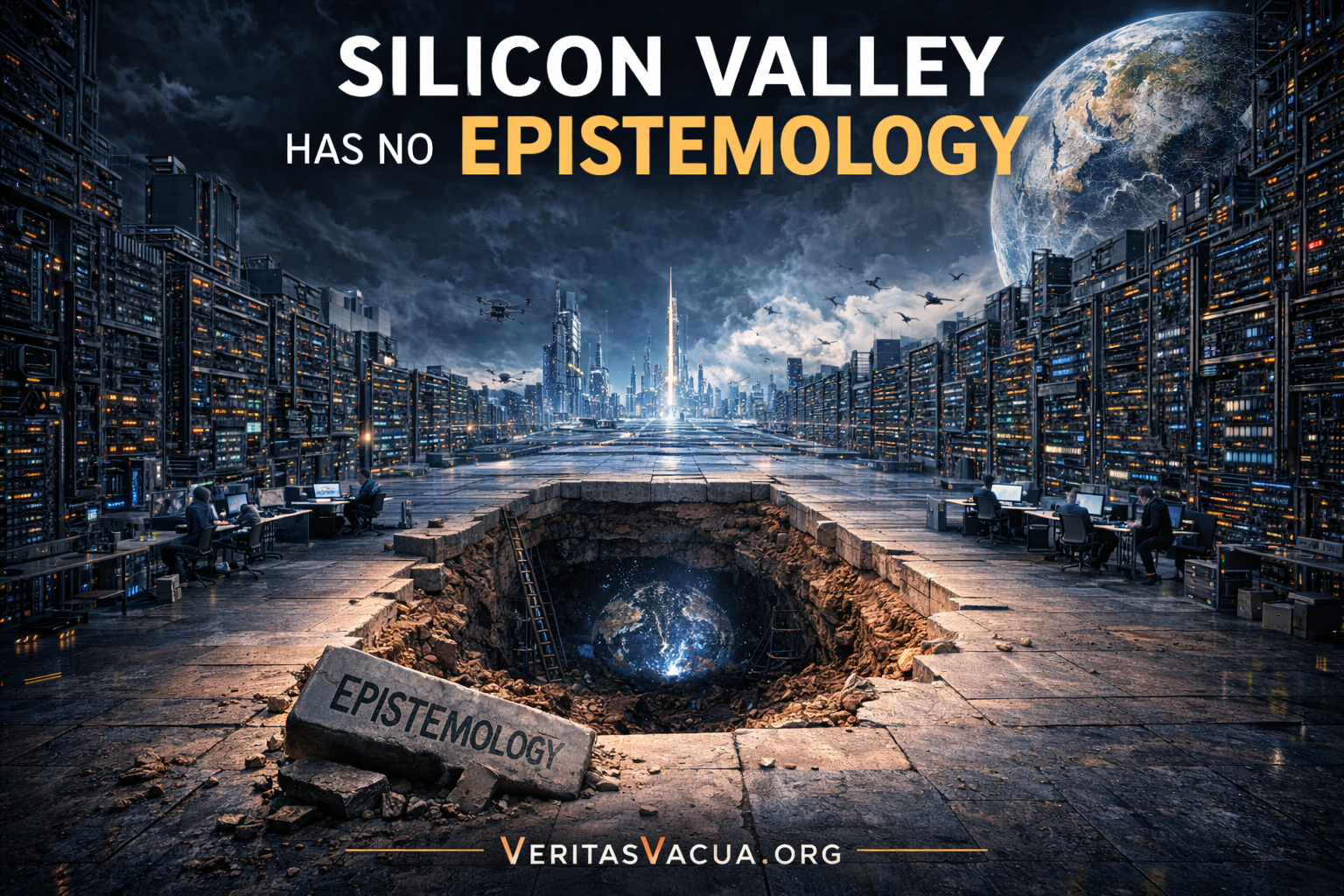 Futuristic data infrastructure built above a missing foundation stone labeled epistemology symbolizing Silicon Valley’s knowledge system without epistemological foundations