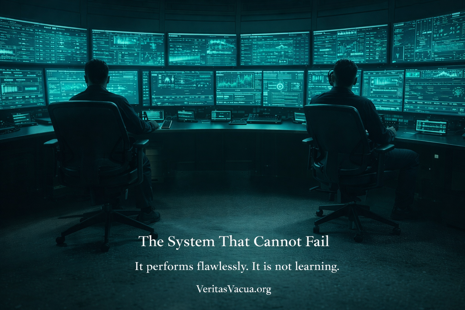 AI control room with operators watching automated dashboards while controls gather dust symbolizing a system that cannot fail but cannot learn