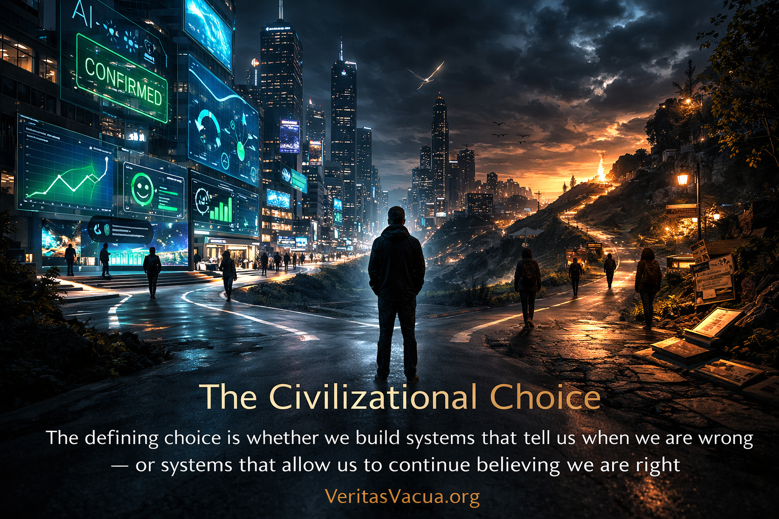 A lone figure stands at a crossroads between a cold AI-confirmed city and an uncertain darker path illustrating the Civilizational Choice between confirmation and correction