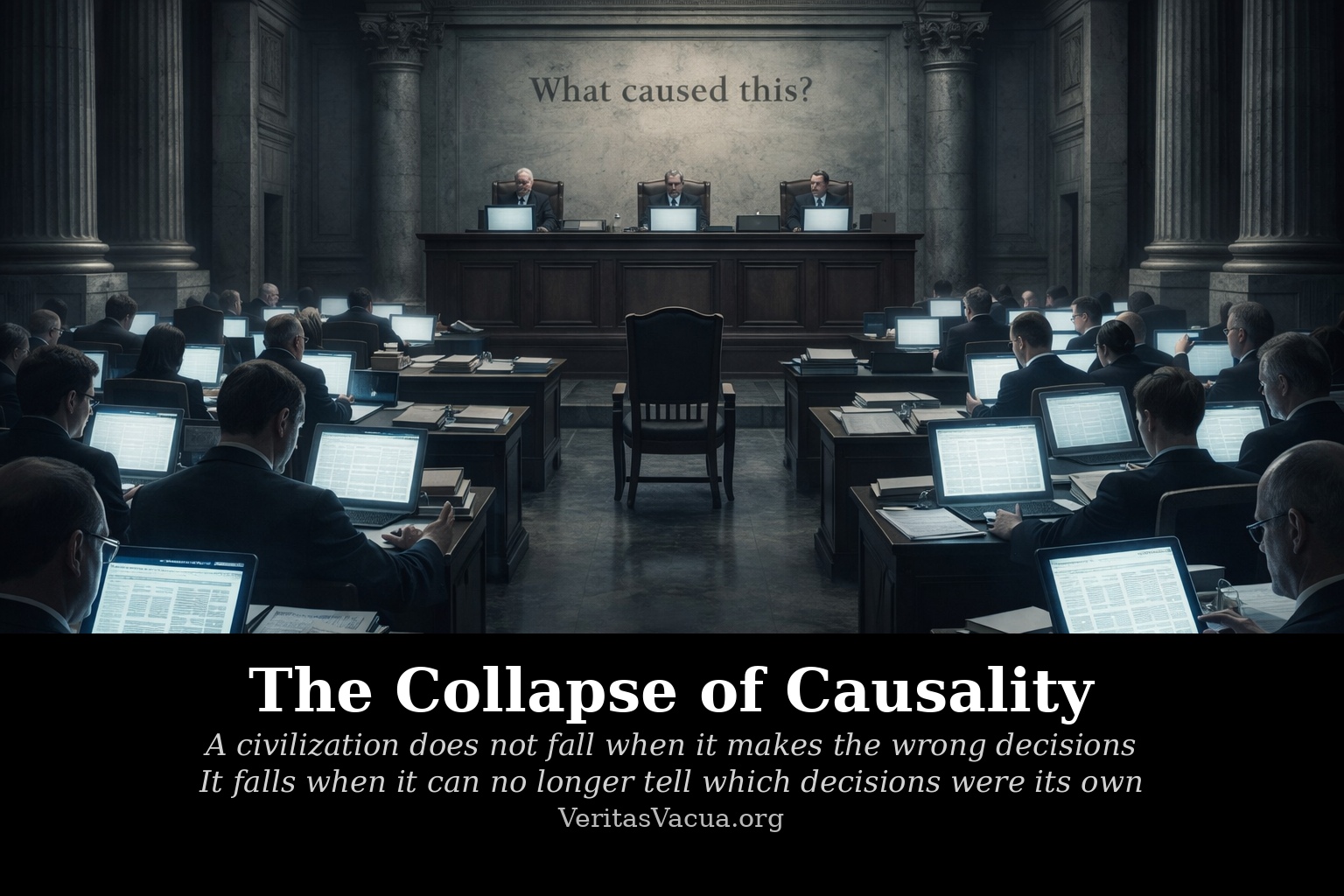 A monumental courtroom where judges, lawyers, and jurors read identical AI-generated documents while a carved question on the wall asks what caused this