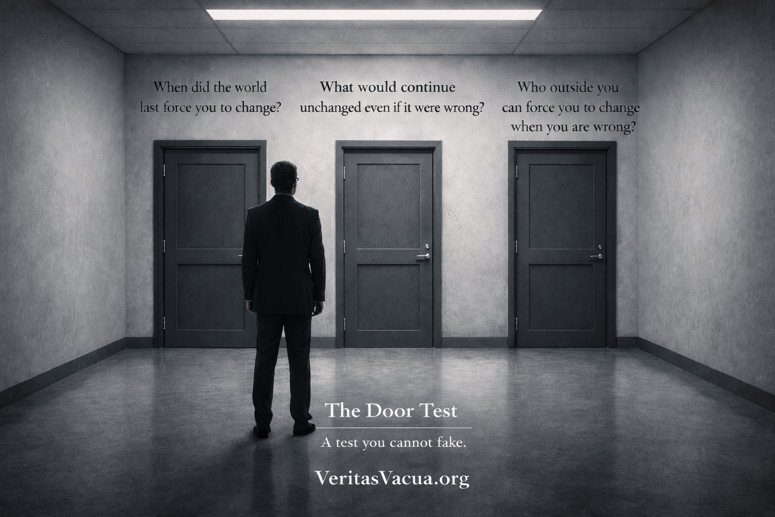 Three identical institutional doors in a cold corridor with a professional figure facing them, each door labeled with a diagnostic question about reality and change