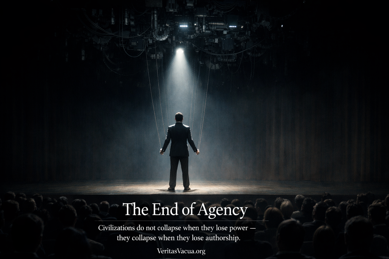 A suited figure stands on a spotlight stage controlled by strings from a machine above while an audience watches illustrating the End of Agency