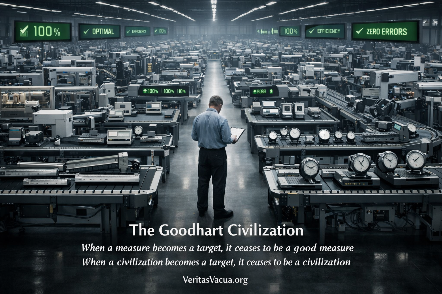 A vast automated factory producing measuring instruments that evaluate each other while screens display perfect metrics illustrating the Goodhart Civilization