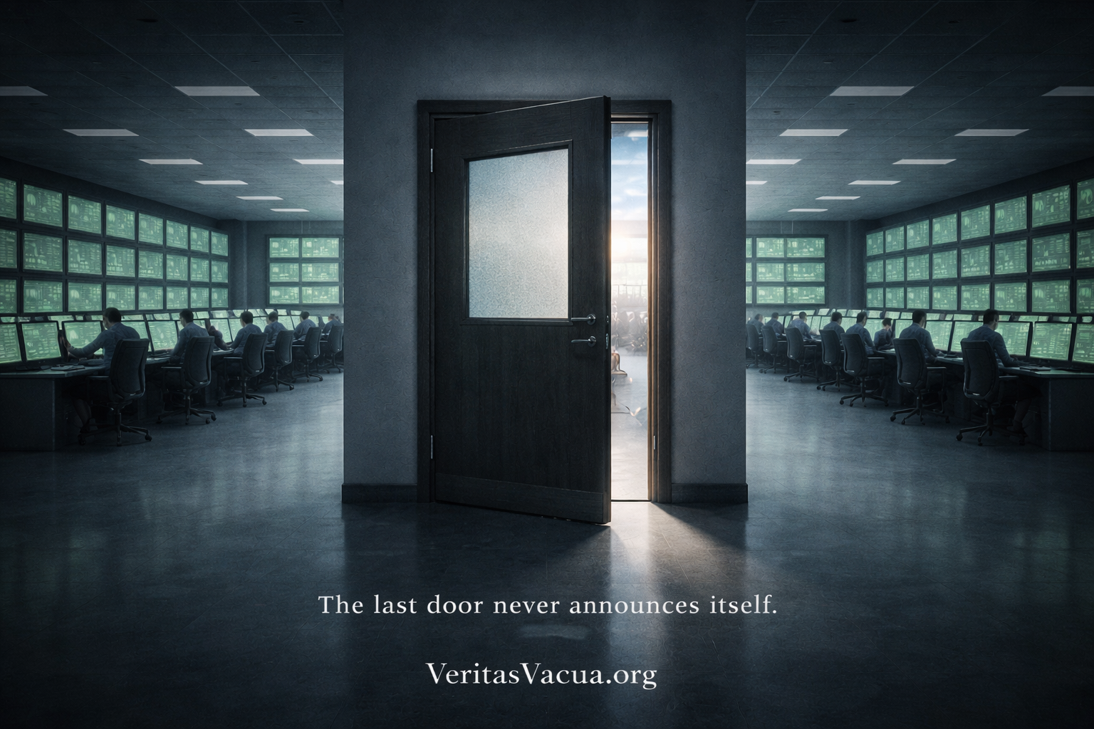 Nearly closed institutional door with a narrow gap of real daylight, revealing a clinical control room with green screens inside, symbolizing Verification Depth reaching zero