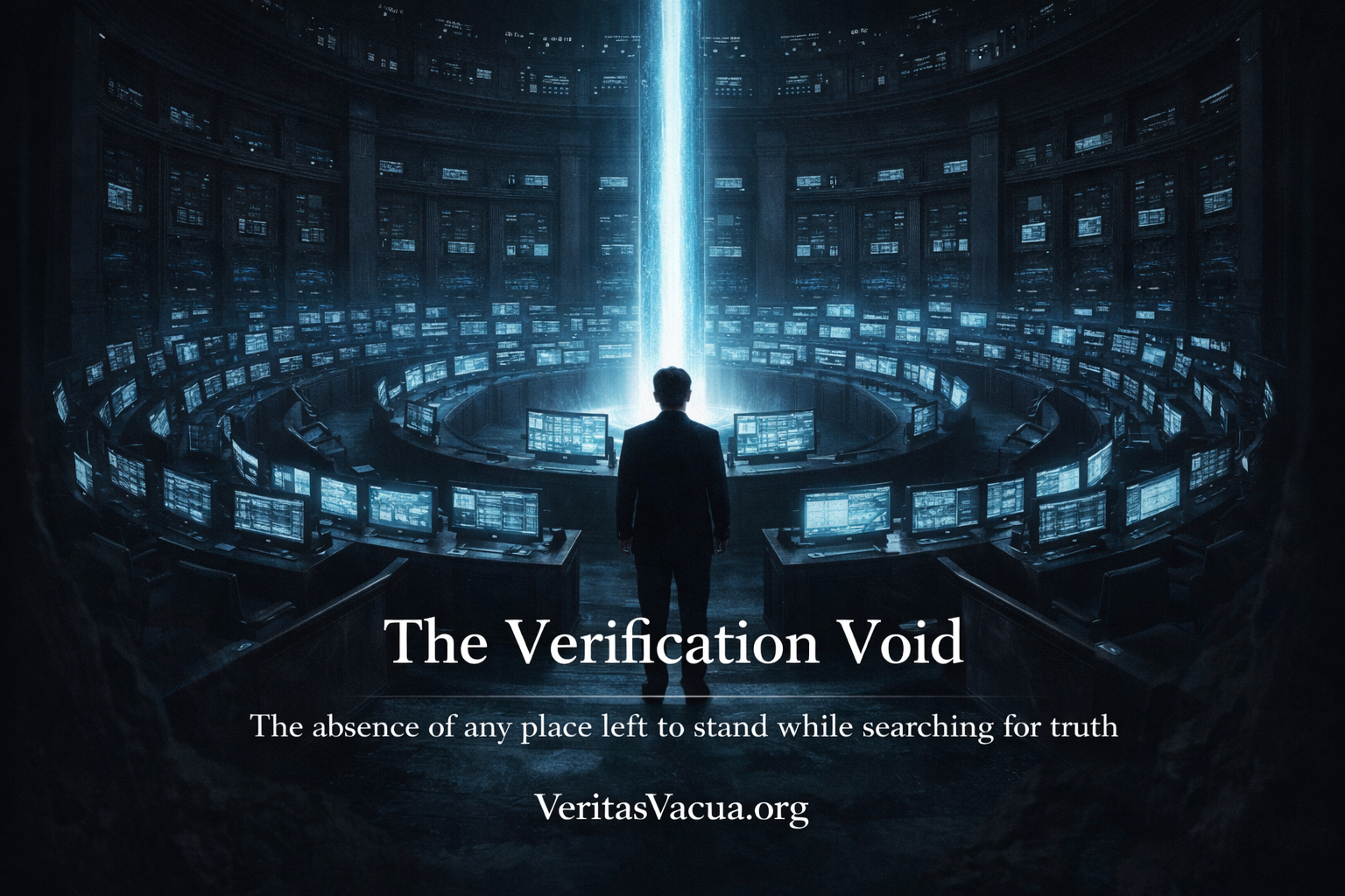 A lone figure stands in a vast circular chamber of screens all drawing from one central light source illustrating the Verification Void — no independent reference point remains