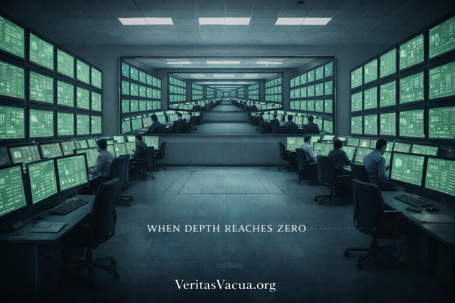 Control room with all screens green and a large window that is actually a screen showing the same room infinitely inward, symbolizing Verification Depth reaching zero