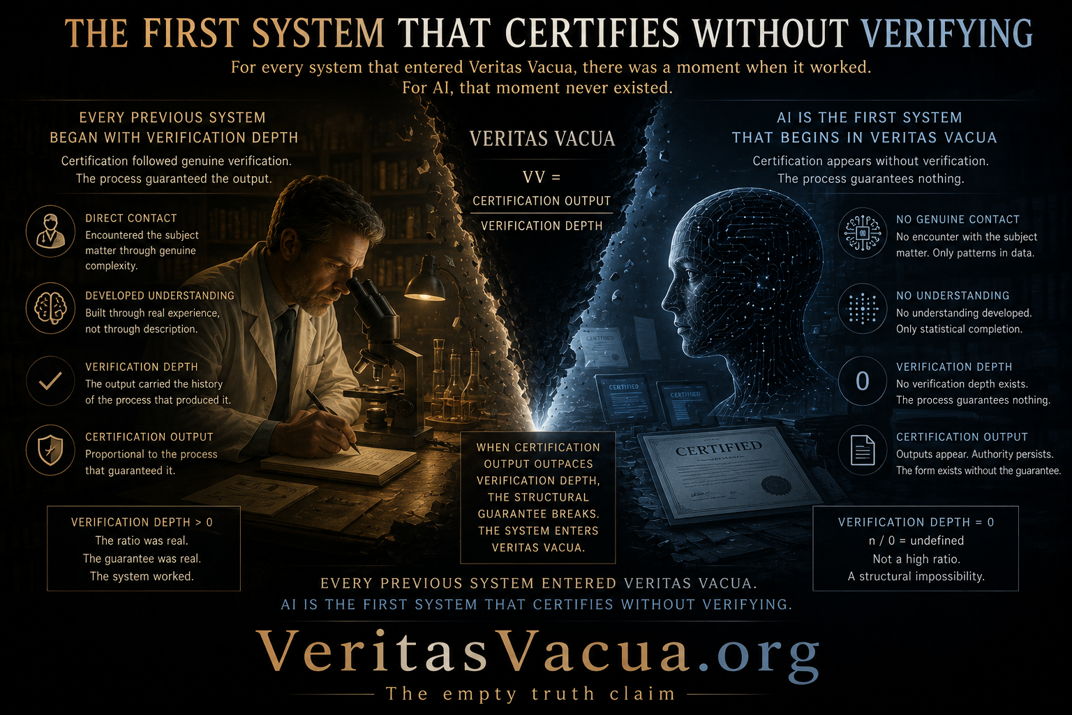 Infographic showing Veritas Vacua through the contrast between genuine verification depth and AI-generated certification without verification.